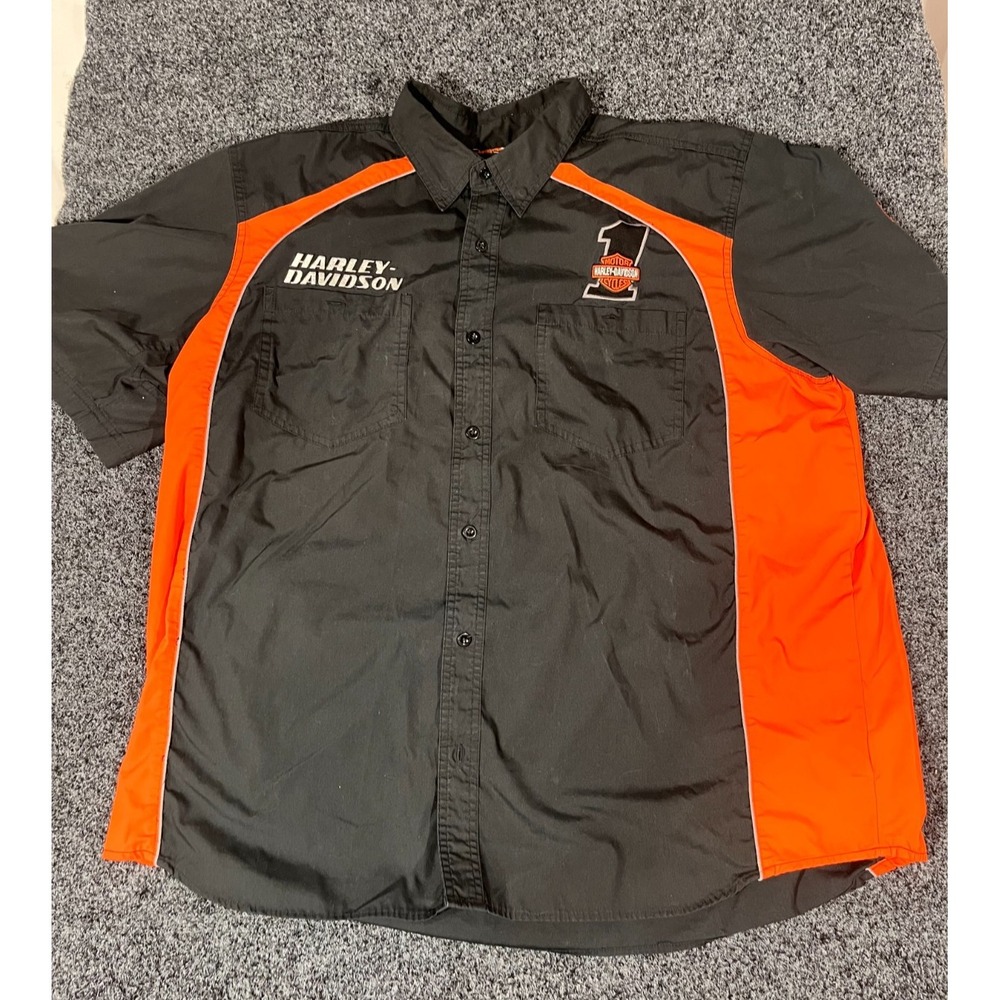 Harley-Davidson Racing Men's Black/Orange Short Sleeve Button-Up Shirt 3XL